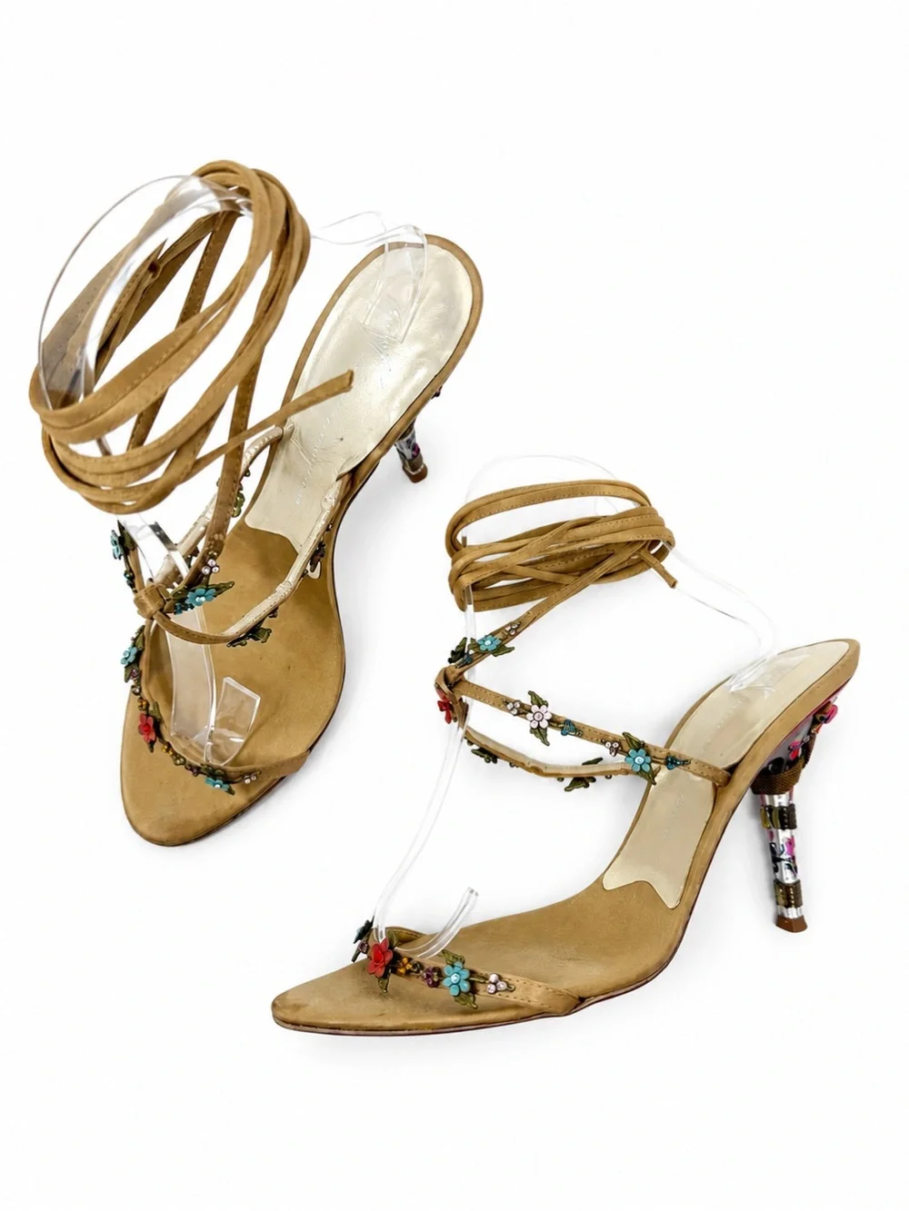 Giuseppe Zanotti Satin Floral Embellished Wrap Sandal Heels Womens Size 7.5 - Picture 2 of 11